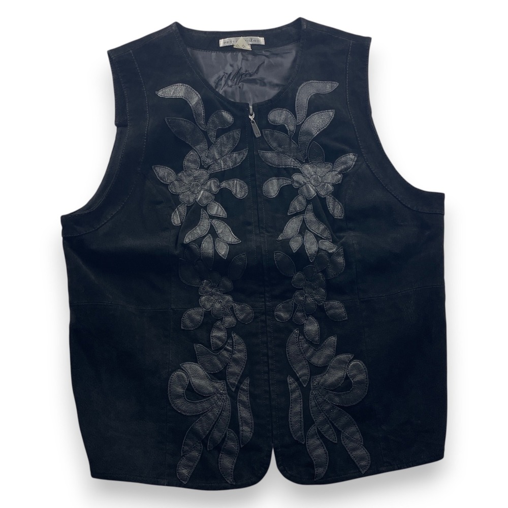 Peter Nygard Womens XL Black Suede Leather Floral Applique Zip Front Knit Vest